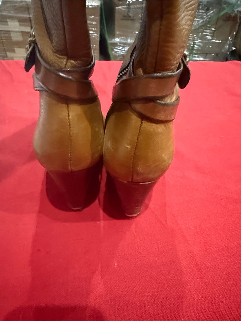 Coach Tan Leather Wedge Boots with Brown Strap Accents - Picture 4 of 6
